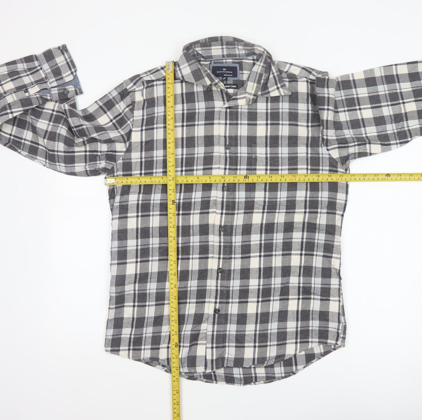 M&S Blue Harbour Men Grey Check Brushed Cotton Shirt Small Regular Fit