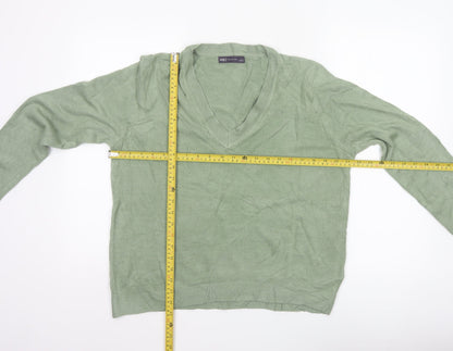 Marks & Spencer Women Green L V-Neck Long Sleeve Knit Pullover Jumper