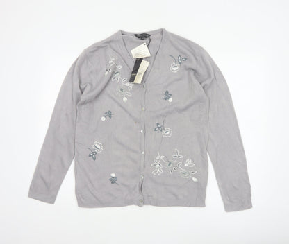 Paramour Women Grey M Floral Embroidered V-Neck Knit Cardigan