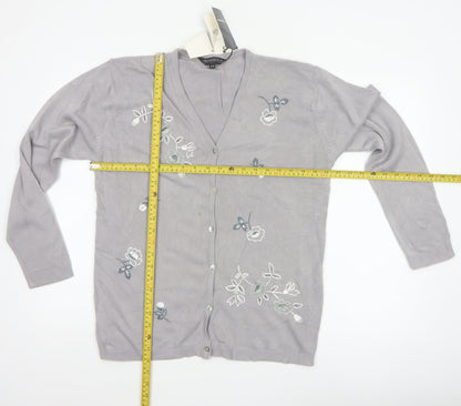 Paramour Women Grey M Floral Embroidered V-Neck Knit Cardigan