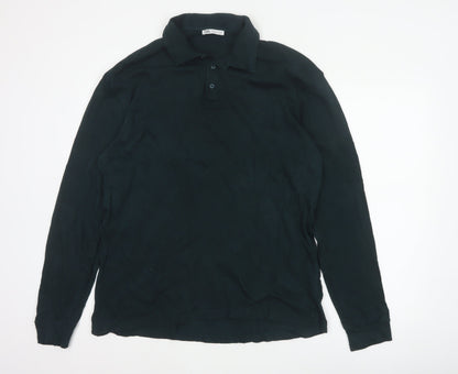 Zara Men’s Black L Long Sleeve Cotton Polo Shirt Collared Button Casual