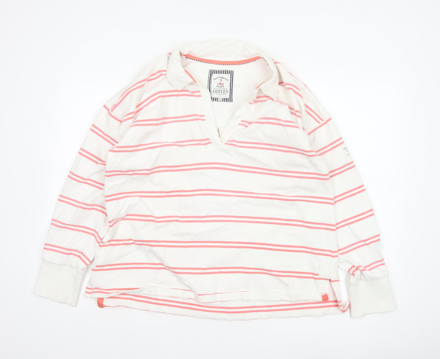 Joules Women's White Pink Stripe Collared Pullover Sweatshirt UK 16
