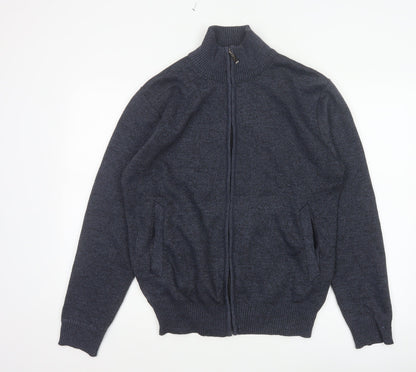 Andevid Men’s Blue L Full Zip High Neck Knit Jumper Pockets