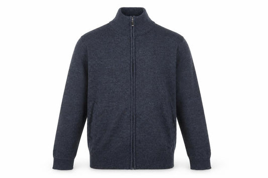 Andevid Men’s Blue L Full Zip High Neck Knit Jumper Pockets