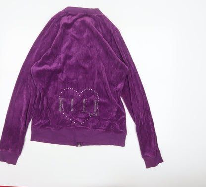 Elle Sport Women’s Purple XL Velour Bomber Jacket Rhinestone Heart