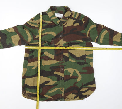 Zara Woman Green Camo Button-Up Shirt UK 14 Long Sleeve Cotton
