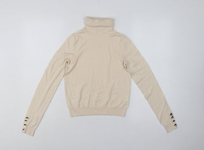 Pimkie Women Beige S Roll Neck Knit Pullover Jumper Button Cuffs