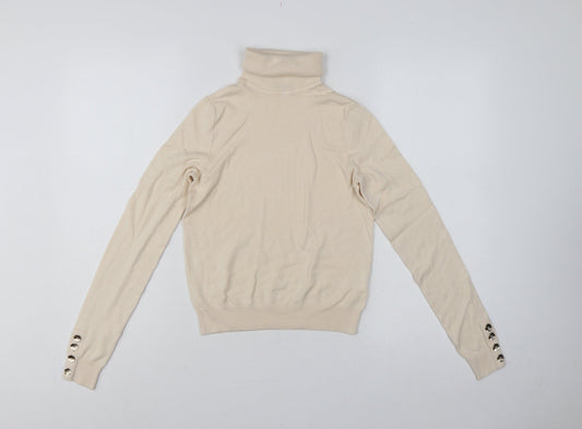 Pimkie Women Beige S Roll Neck Knit Pullover Jumper Button Cuffs