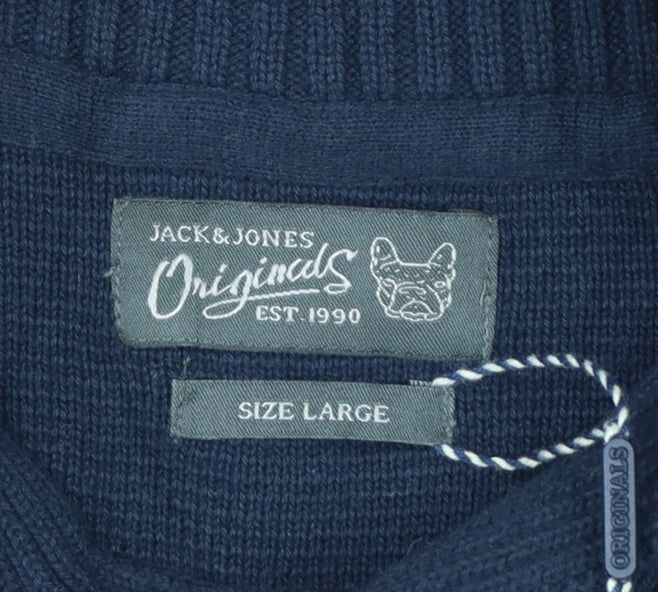 Jack & Jones Men Navy L Shawl Neck 1/4 Zip Cotton Knit Jumper