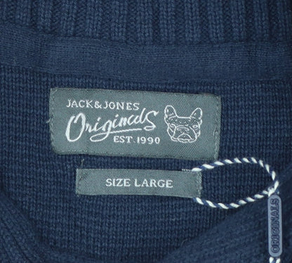 Jack & Jones Men Navy L Shawl Neck 1/4 Zip Cotton Knit Jumper