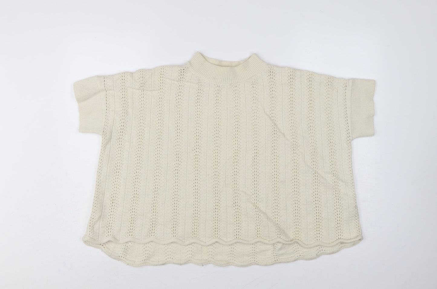 French Connection Women Ivory S Wool Open-Knit Short Sleeve Jumper