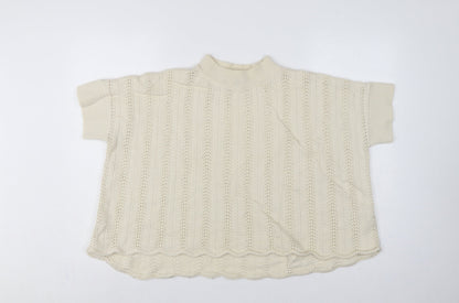 French Connection Women Ivory S Wool Open-Knit Short Sleeve Jumper