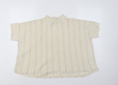 French Connection Women Ivory S Wool Open-Knit Short Sleeve Jumper
