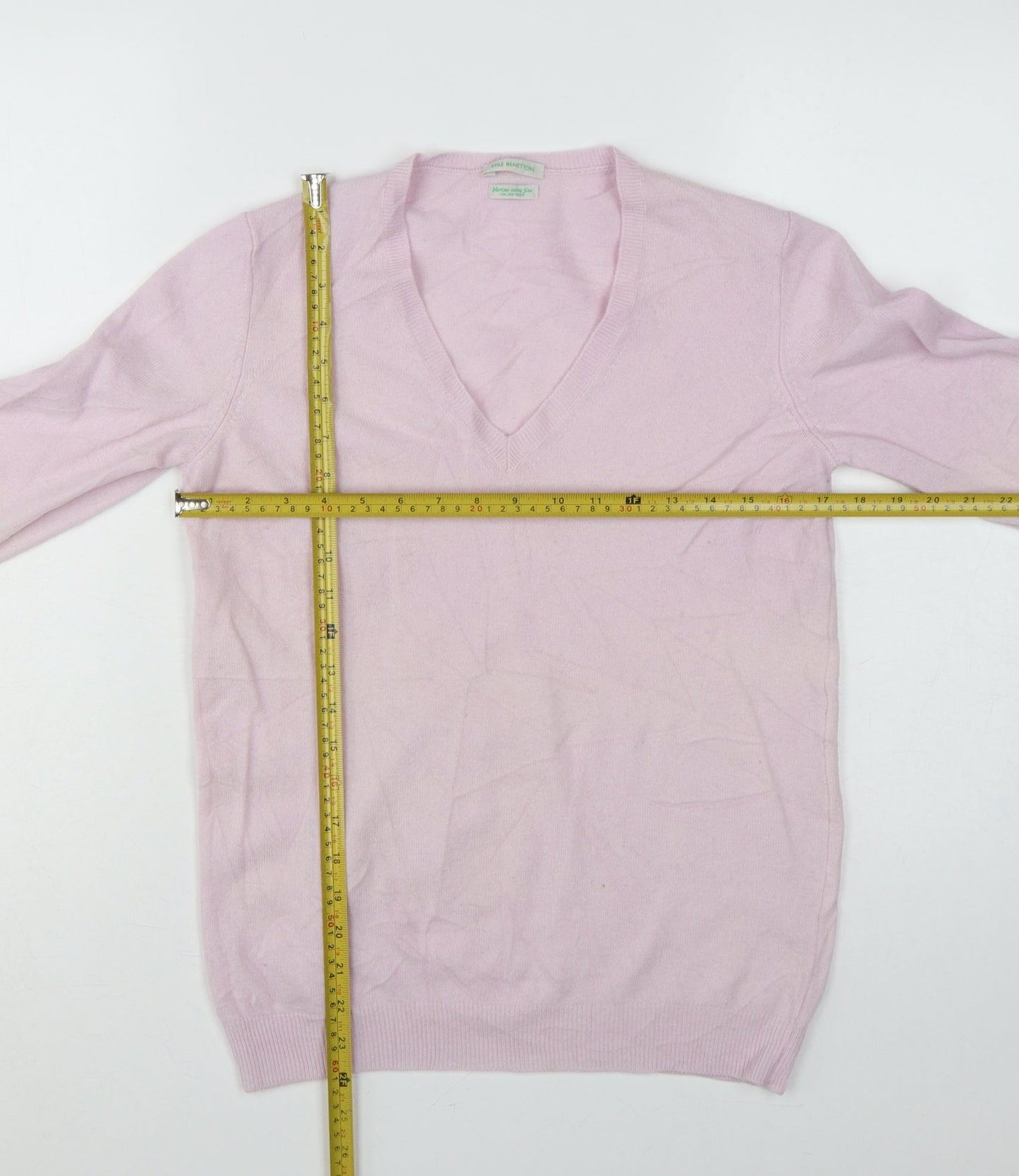 Style Benetton Women Pink Merino Wool V-Neck Knit Jumper Size L