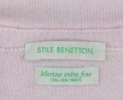 Style Benetton Women Pink Merino Wool V-Neck Knit Jumper Size L