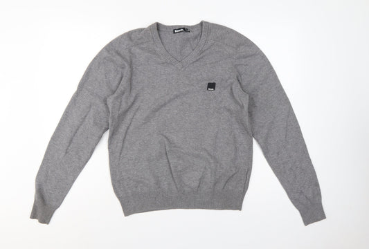 Back view of Bench Men’s Grey, size S, V-Neck Logo Knit jumper
