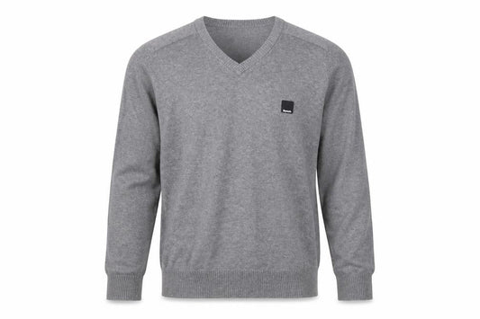 Front view of Bench Men’s Grey, size S, V-Neck Logo Knit jumper