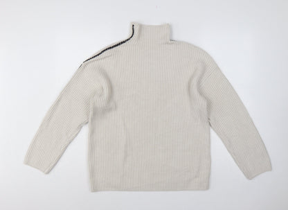 Marks and Spencer Women Ivory M Ribbed High Neck Jumper Contrast Trim