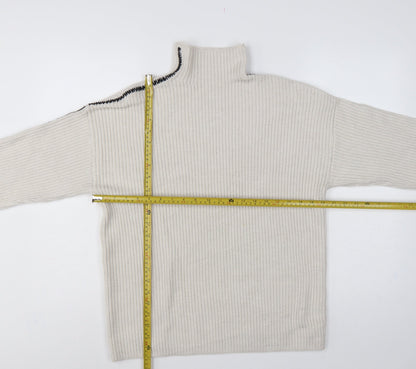 Marks and Spencer Women Ivory M Ribbed High Neck Jumper Contrast Trim