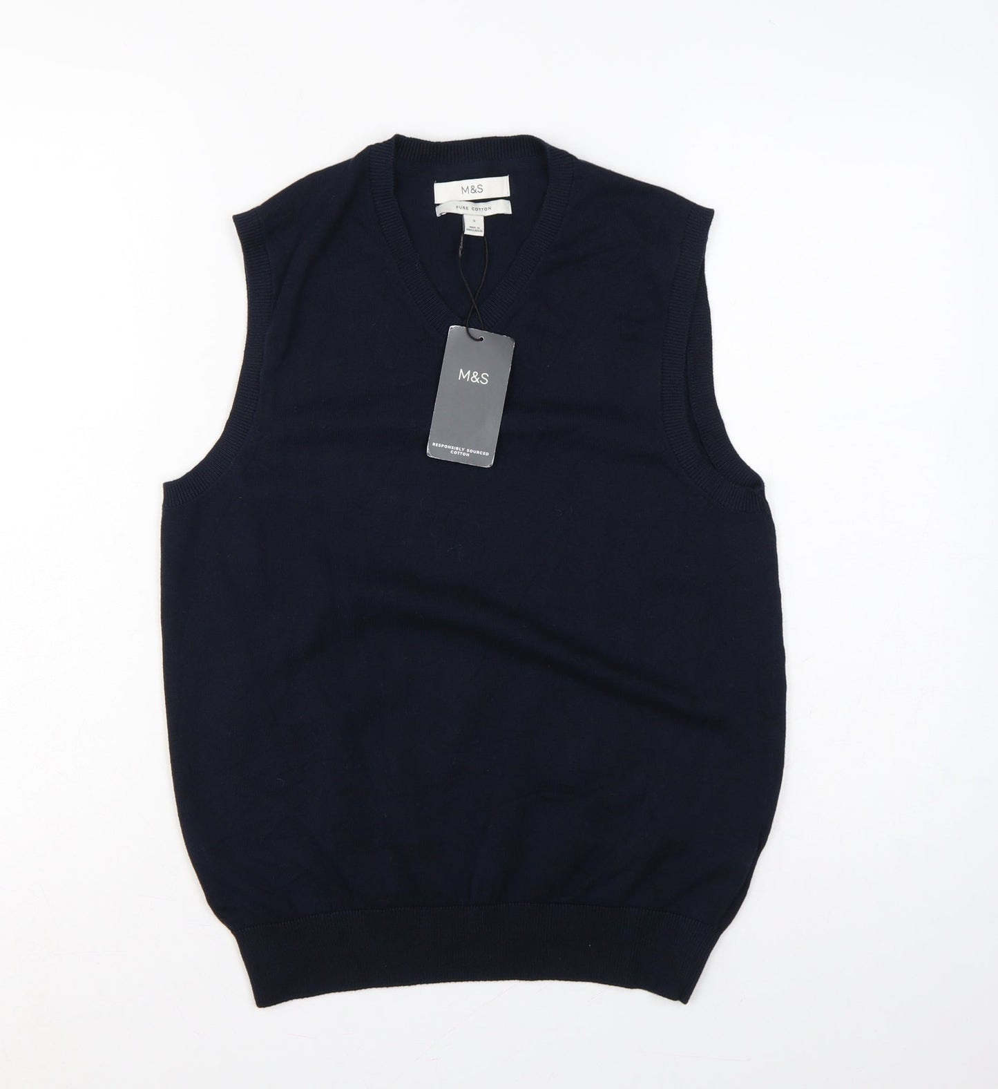 Marks and Spencer Men Blue S Pure Cotton V-Neck Knit Jumper Vest