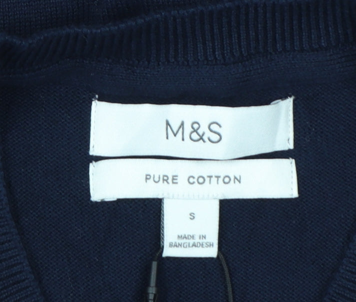 Marks and Spencer Men Blue S Pure Cotton V-Neck Knit Jumper Vest