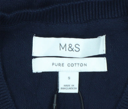 Marks and Spencer Men Blue S Pure Cotton V-Neck Knit Jumper Vest