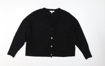 M&S Women’s Black L V-Neck Gold Button Pocket Knit Cardigan