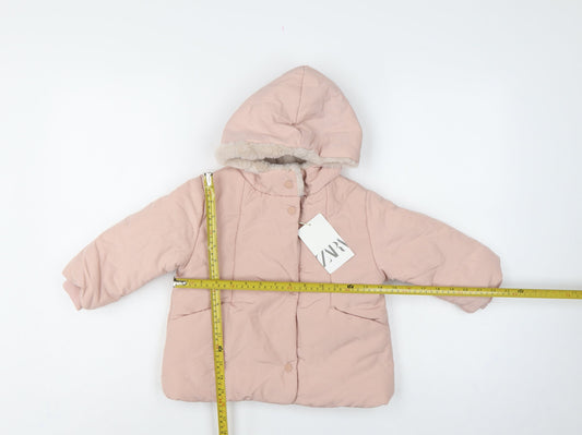 Zara Girls Pink 2-3 Years Hooded Puffer Jacket Faux Fur Trim NWT