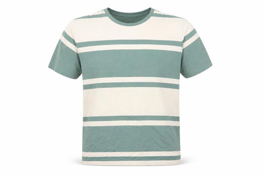 Front view of Marks & Spencer Men Green Beige Striped Crew Neck XL T-Shirt