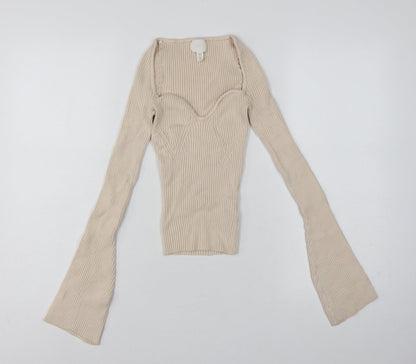 H&M Women Beige XS Rib Knit Square Neck Bell Sleeve Jumper