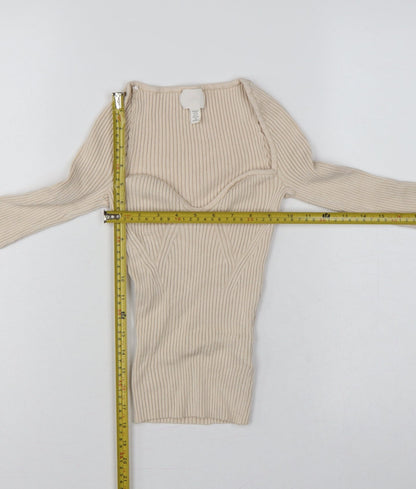H&M Women Beige XS Rib Knit Square Neck Bell Sleeve Jumper