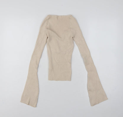 H&M Women Beige XS Rib Knit Square Neck Bell Sleeve Jumper