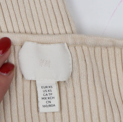 H&M Women Beige XS Rib Knit Square Neck Bell Sleeve Jumper