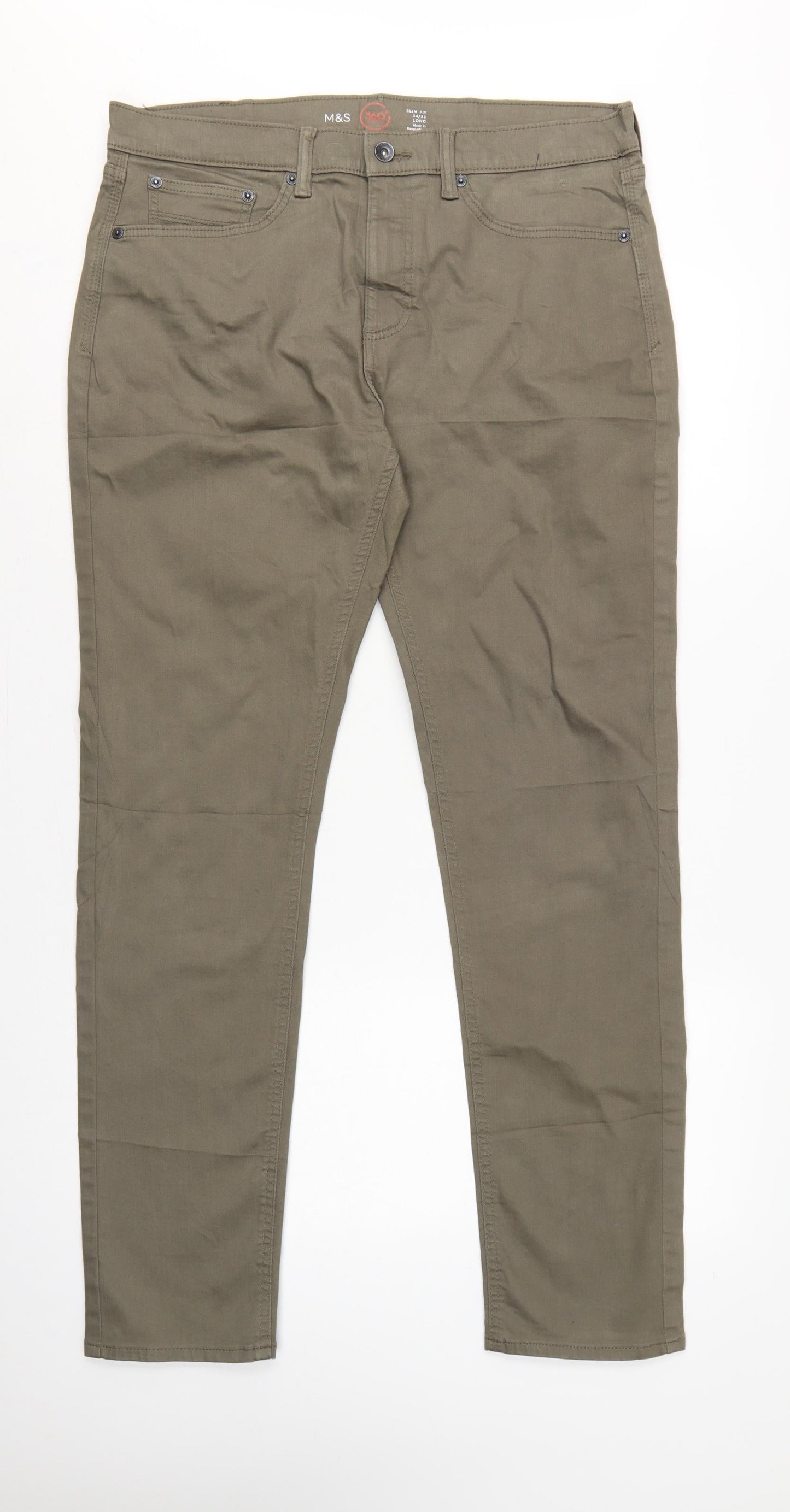 Marks & Spencer Men Green 34/33 Slim Tapered 360 Flex Jeans