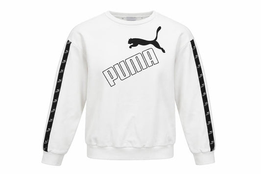 Front view of Puma Women’s White XS Logo T7 Tape Crew Neck Sweatshirt