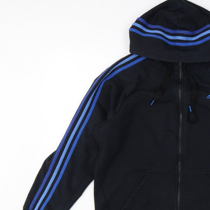 Adidas Men Black L Full Zip Hoodie Blue Striped Logo Sports