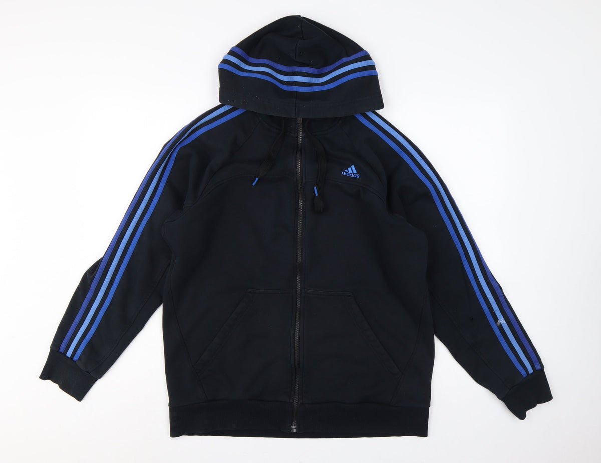 Adidas Men Black L Full Zip Hoodie Blue Striped Logo Sports