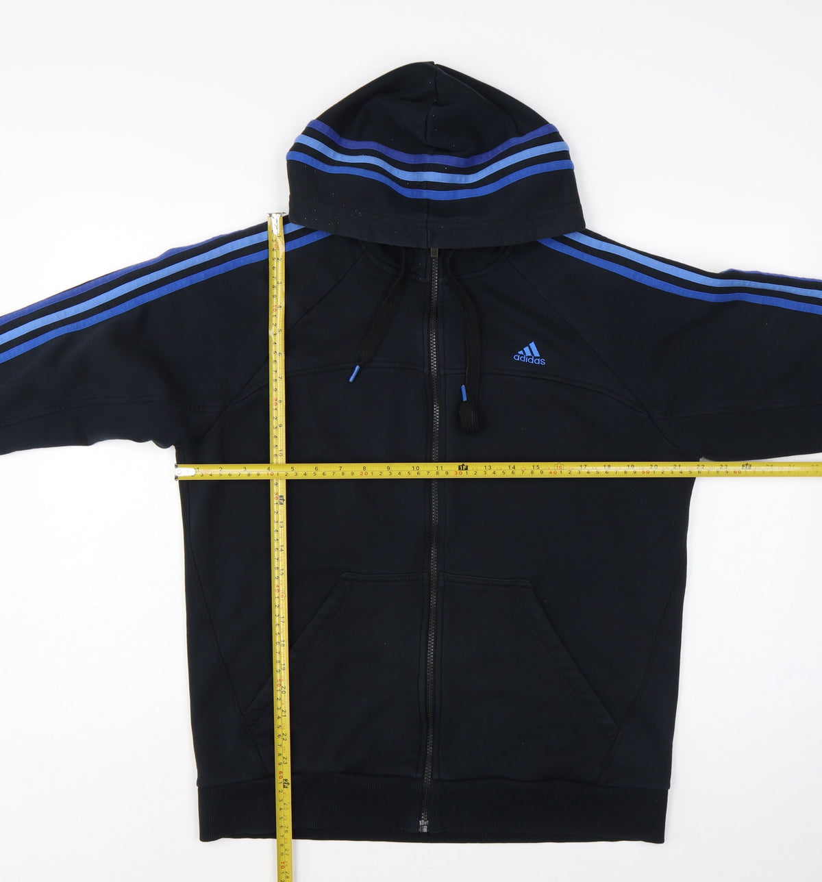 Adidas Men Black L Full Zip Hoodie Blue Striped Logo Sports