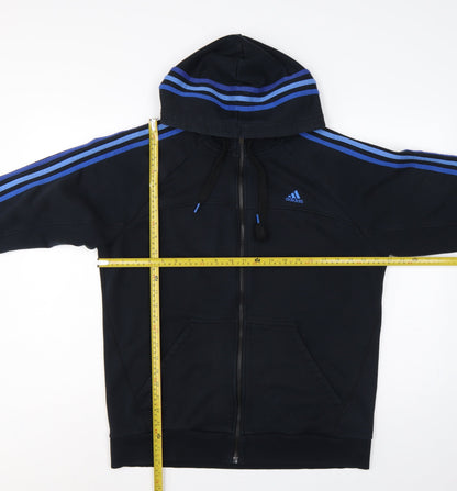 Adidas Men Black L Full Zip Hoodie Blue Striped Logo Sports
