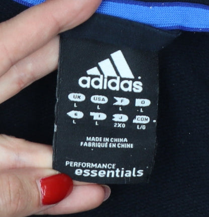 Adidas Men Black L Full Zip Hoodie Blue Striped Logo Sports