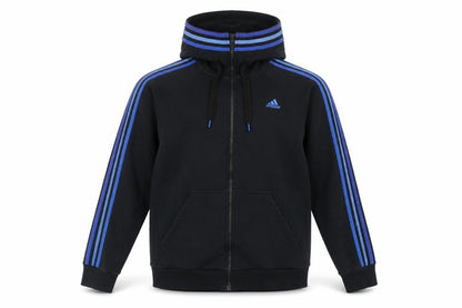 Adidas Men Black L Full Zip Hoodie Blue Striped Logo Sports