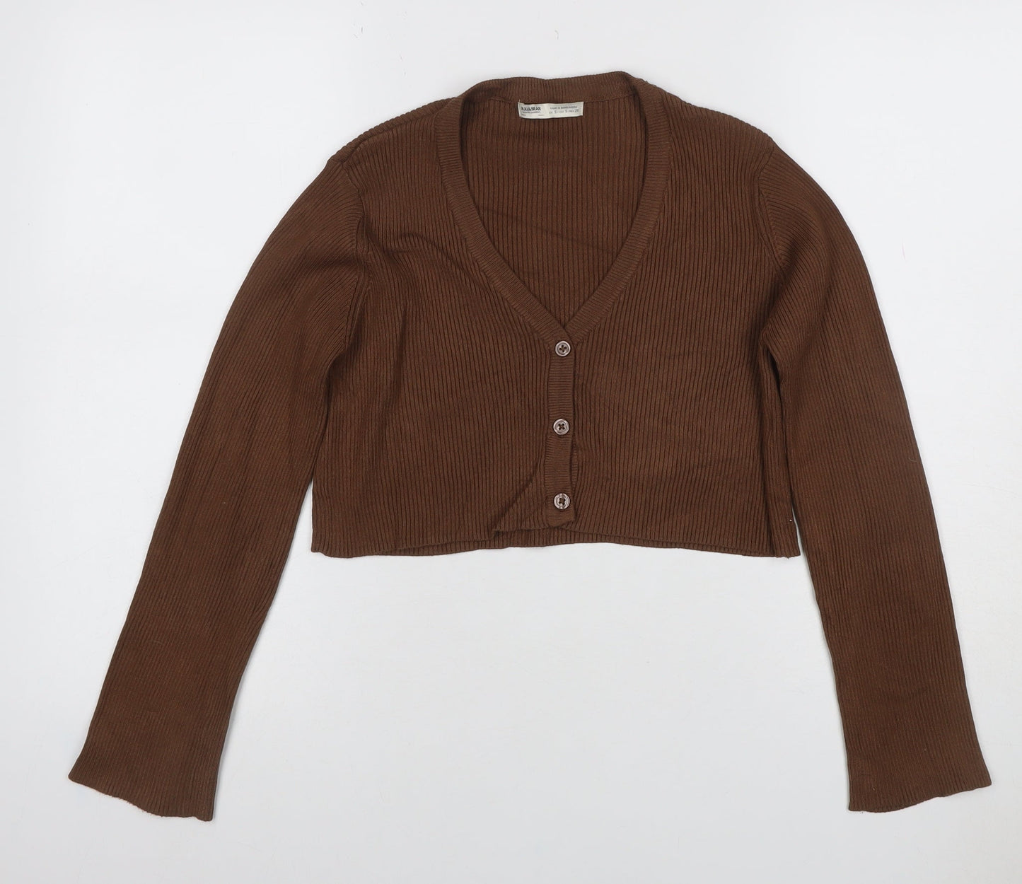 Pull&Bear Women’s Brown Rib Knit V-Neck Button Cardigan Size S