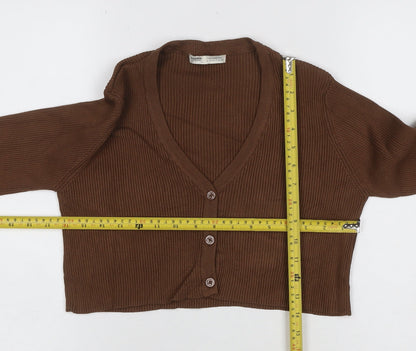 Pull&Bear Women’s Brown Rib Knit V-Neck Button Cardigan Size S