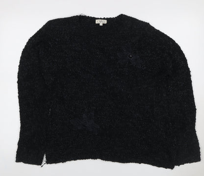 Anne Smith Women Black M Floral Beaded Long Sleeve Knit Jumper