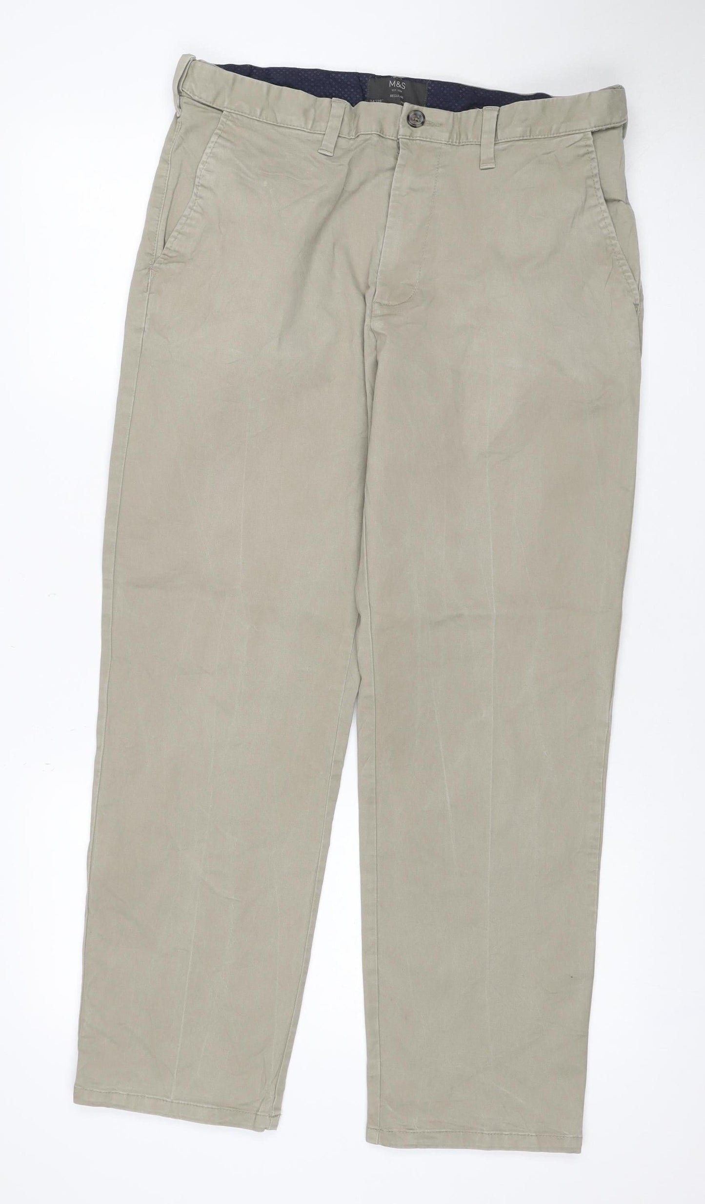 Marks & Spencer Men Beige 34/29 Regular Fit Stretch Chino Trousers