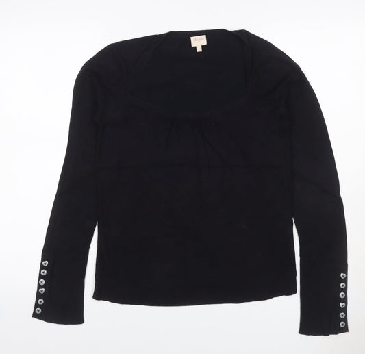 Whistles Women Black UK 10 Scoop Neck Cotton Blend Button Cuff Jumper