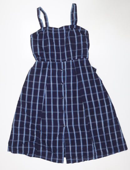 Mango Women Blue Check One Shoulder A-Line Long Cotton Dress UK 12