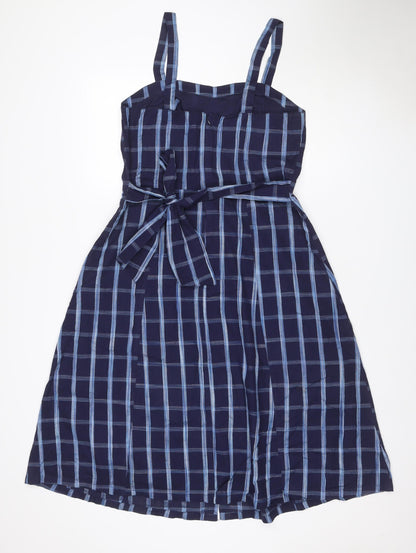 Mango Women Blue Check One Shoulder A-Line Long Cotton Dress UK 12