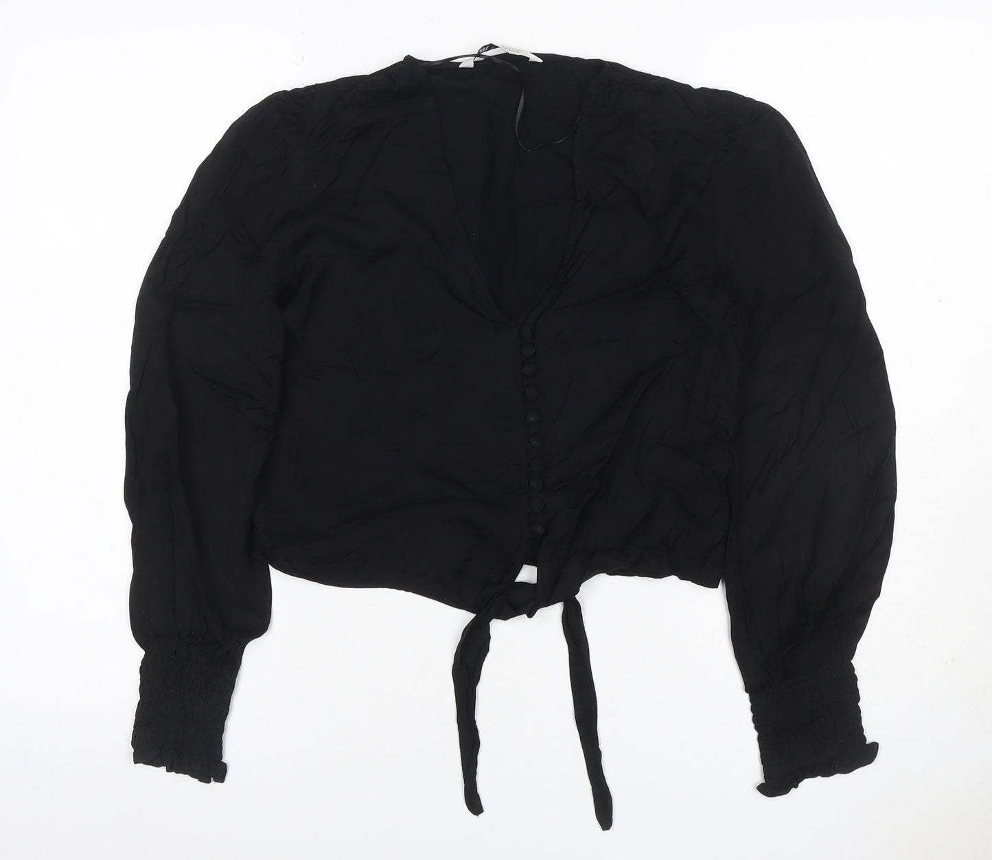 Zara Women Black XS Cropped V-Neck Tie Hem Balloon Sleeve Blouse