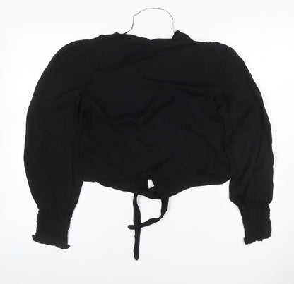 Zara Women Black XS Cropped V-Neck Tie Hem Balloon Sleeve Blouse